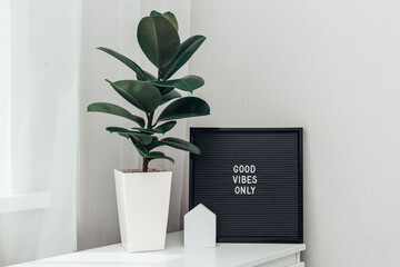 Inspirational quote good vibes only on black letterboard in light interior