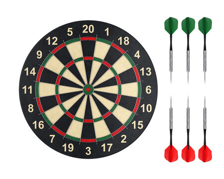 A dart Board and a set of red and green Darts isolated on a white background, 3D render