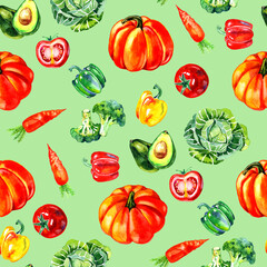 Watercolor vegetable seamless pattern. Hand drawn illustration.