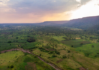 Evening time Aerial View on the Ngorongoro Crater, the worlds largest intact caldera. Conservation Area in Northern Tanzania