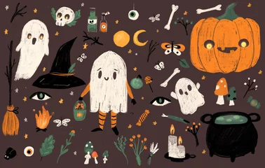 Foto op Canvas Big Set of halloween hand drawn charcoal elements. Ghosts, pumpkin, cauldron, candles and other symbols for Samain celebration © ksuklein
