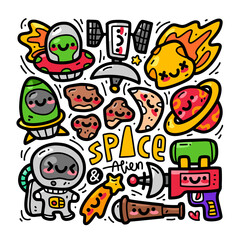 Doodle collection set of space and element on isolated white background. Doodle outer space
