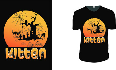 Kitten T-Shirt. Halloween Tee. Halloween Gift Idea, Halloween Vector graphic for t shirt, Vector graphic, Halloween Holidays.