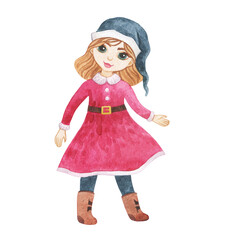 Watercolor Christmas girls. New year dolls.