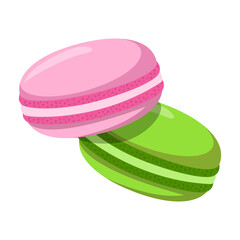 Delicious macaron desserts vector isolated. Tasty bakery, Cookie with cream, pink and green cakes.
