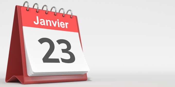 January 23 date written in French on the flip calendar page, 3d rendering