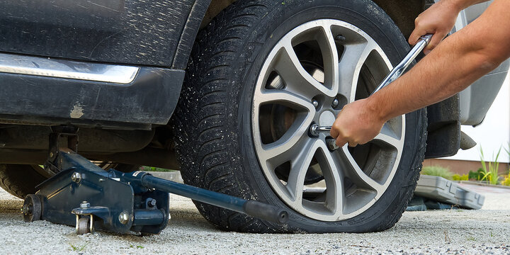 Man Changing Wheel. Tire Changer Changing Flat Car Tire. Help On Road Concept. Mechanic Hands Unscrews A Flat Tire Of A Car Raised On A Jack