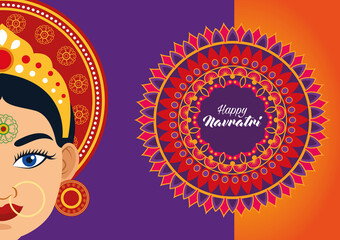 happy navratri celebration card with beautiful goddess and mandala
