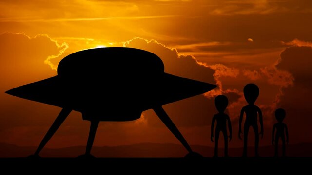 Martians Aliens and Spaceship in Silhouette at Sunset with Red Sky and Fiery Clouds