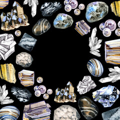 Watercolor gem stones square frame. Hand painted card design with multicolor crystals isolated on black background.