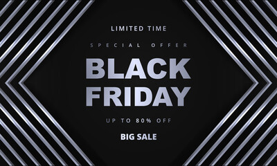 Black friday promotion sale banner template. Gray and silver luxury dark background.