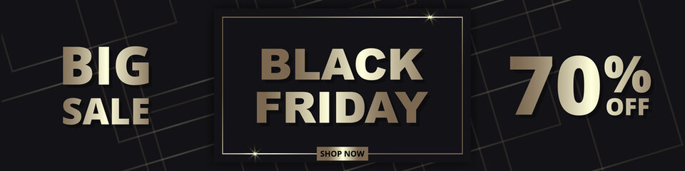 Black friday, abstract golden wide banner template. Sale up to 70% off. Black friday luxury dark golden wide background.