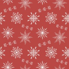 Vector seamless pattern with snowflakes and "ho-ho-ho" text. Red background.