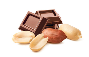 Peanuts and chocolate squares isolated on white background