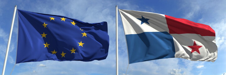 Flying flags of the European Union and Panama on high flagpoles. 3d rendering