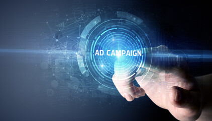 Hand touching AD CAMPAIGN button, modern business technology concept