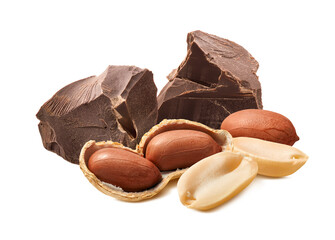 Peanuts and chocolate chunks isolated on white background