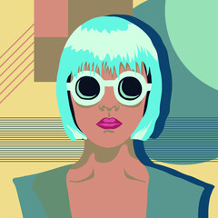 Vector illustration of a girl with blue hair and round glasses on an abstract background