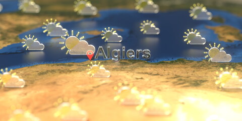 Algiers city and partly cloudy weather icon on the map, weather forecast related 3D rendering