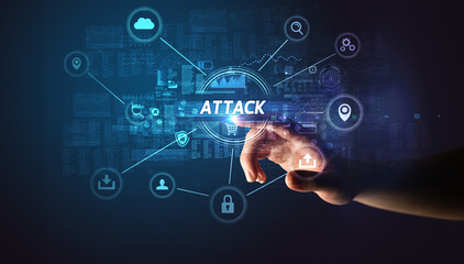 Hand touching ATTACK inscription, Cybersecurity concept