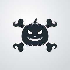 Feliz Halloween. Truco o Trato. Silueta de calabaza de Halloween con huesos cruzados en fondo gris