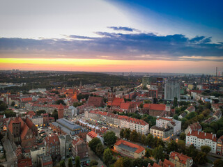 Aerial view of the old town in Gdansk with amazing architecture at sunset, Poland
