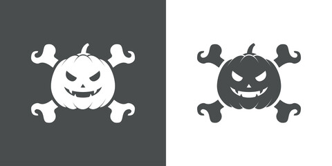 Feliz Halloween. Truco o Trato. Silueta de calabaza de Halloween con huesos cruzados en fondo gris y fondo blanco