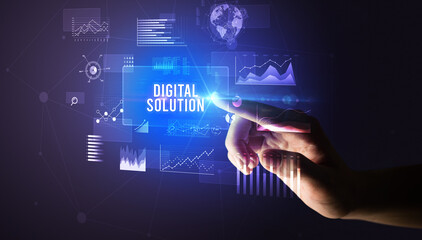 Obraz premium Hand touching DIGITAL SOLUTION inscription, new business technology concept