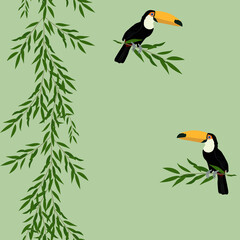Vector seamless illustration with toucan and leaves