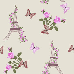 Fototapeta na wymiar Seamless vector illustration with Eiffel tower, roses and butterflies.