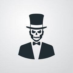 Feliz Halloween. Día de los muertos. Baron Samedi. Vudú. Icono con esqueleto vestido con tux y chistera en fondo gris