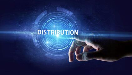 Hand touching DISTRIBUTION button, modern business technology concept