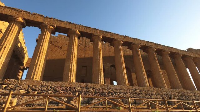 shot from below of temple of concord, valley of temple, agrigento