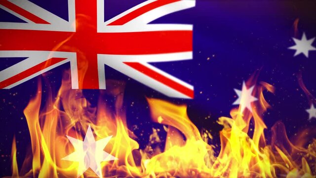 Fire, flames and burning embers in-front of the Australian Flag.