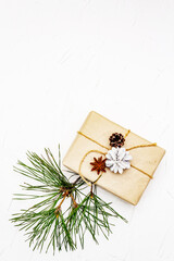 New Year or Christmas gifts with pine branches and cones as Zero waste concept