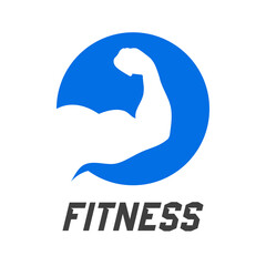 Concepto gimnasio. Logotipo con texto Fitness y brazo doblado musculoso en círculo en azul y gris