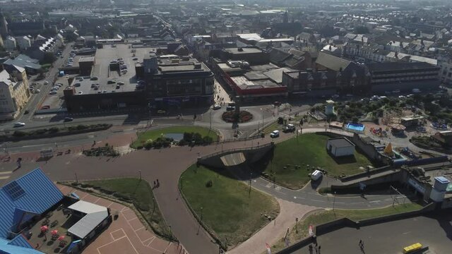 Popular historic Welsh Rhyl seaside promenade resort town seafront aerial view