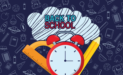 back to school lettering season with alarm clock and supplies in clouds