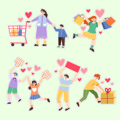 Family Shopping On Black Friday Sale Doodle Illustration Set