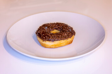 Donut with chocolate on a white plate