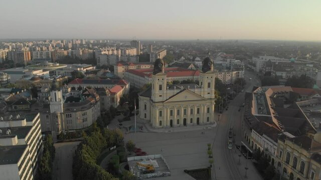 Aerial / drone footage of the Reformed Great Church of Debrecen, downtown Debrecen, second largest city and a major cultural center of Hungary