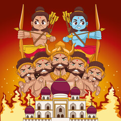 Obraz na płótnie Canvas happy dussehra festival poster with two rama and ten headed ravana in mosque building