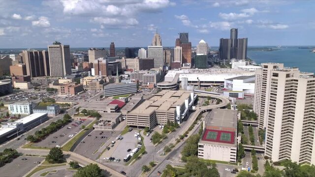 Aerial view of downtown Detroit skyline on a sunny day. This video was filmed in 4k for best image quality.