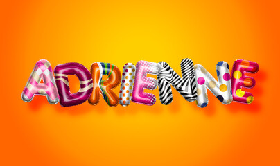 Adrienne female name, colorful letter balloons background