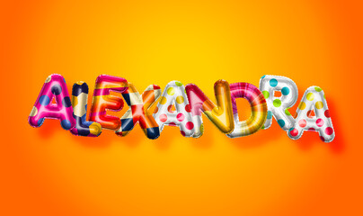 Alexandra female name, colorful letter balloons background