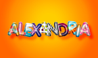 Alexandria female name, colorful letter balloons background
