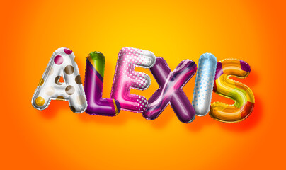 Alexis female name, colorful letter balloons background