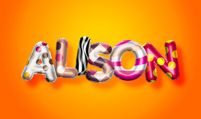 Alison female name, colorful letter balloons background