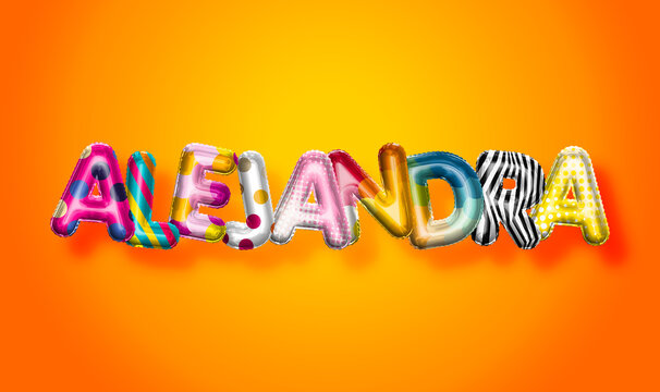 Alejandra female name, colorful letter balloons background