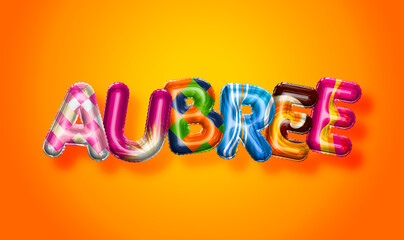 Aubree female name, colorful letter balloons background